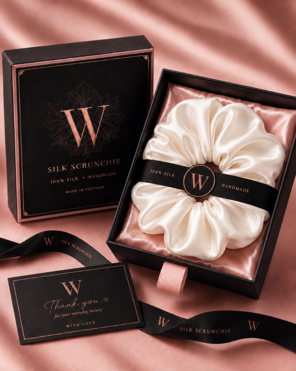 anielenia silk scrunchie gift box with thank-you card and ribbon