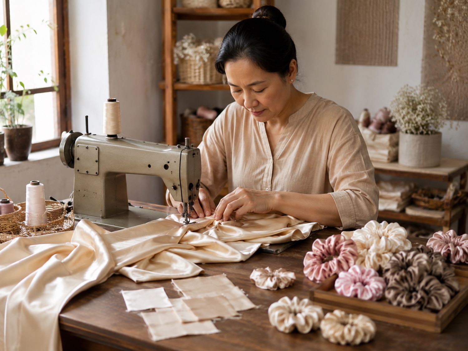 A Vietnamese artisan hand sewing silk scrunchies at her workshop