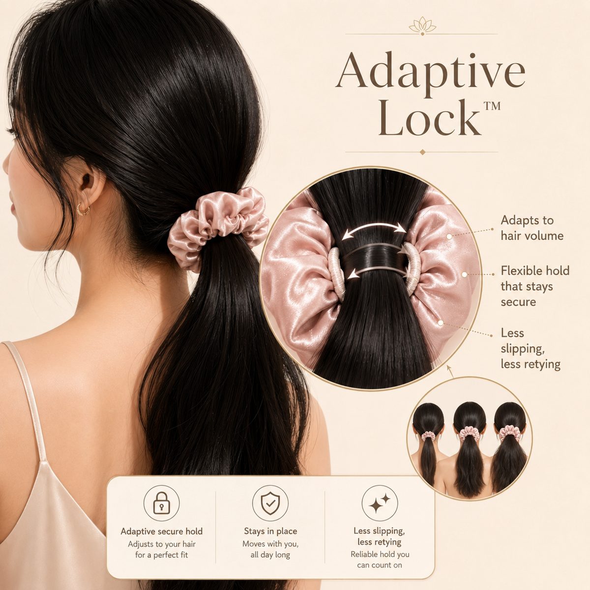 Adaptive Lock, a flexible hold that adapts to hair thickness and movement