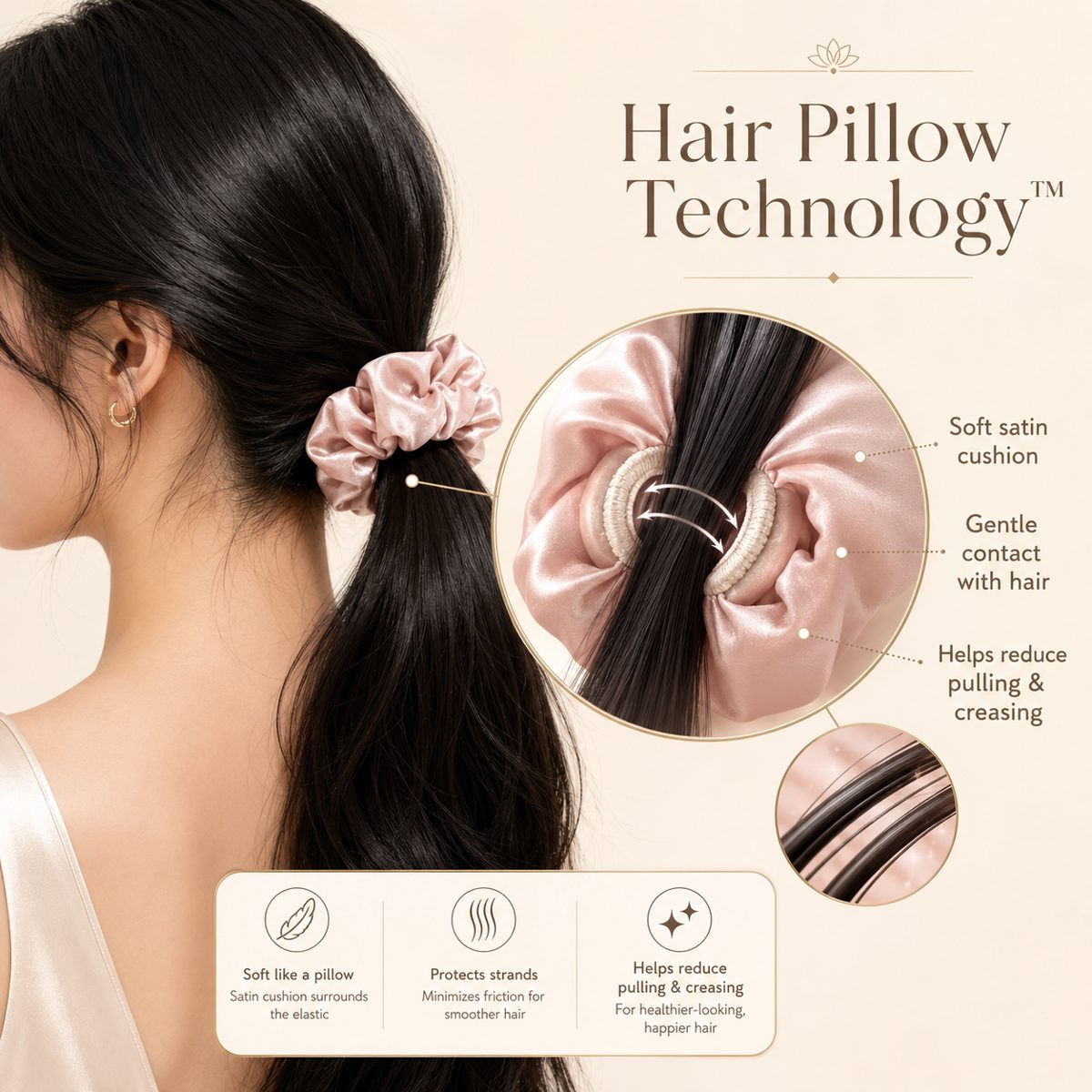 Hair Pillow Technology, a soft satin cushion around the elastic core